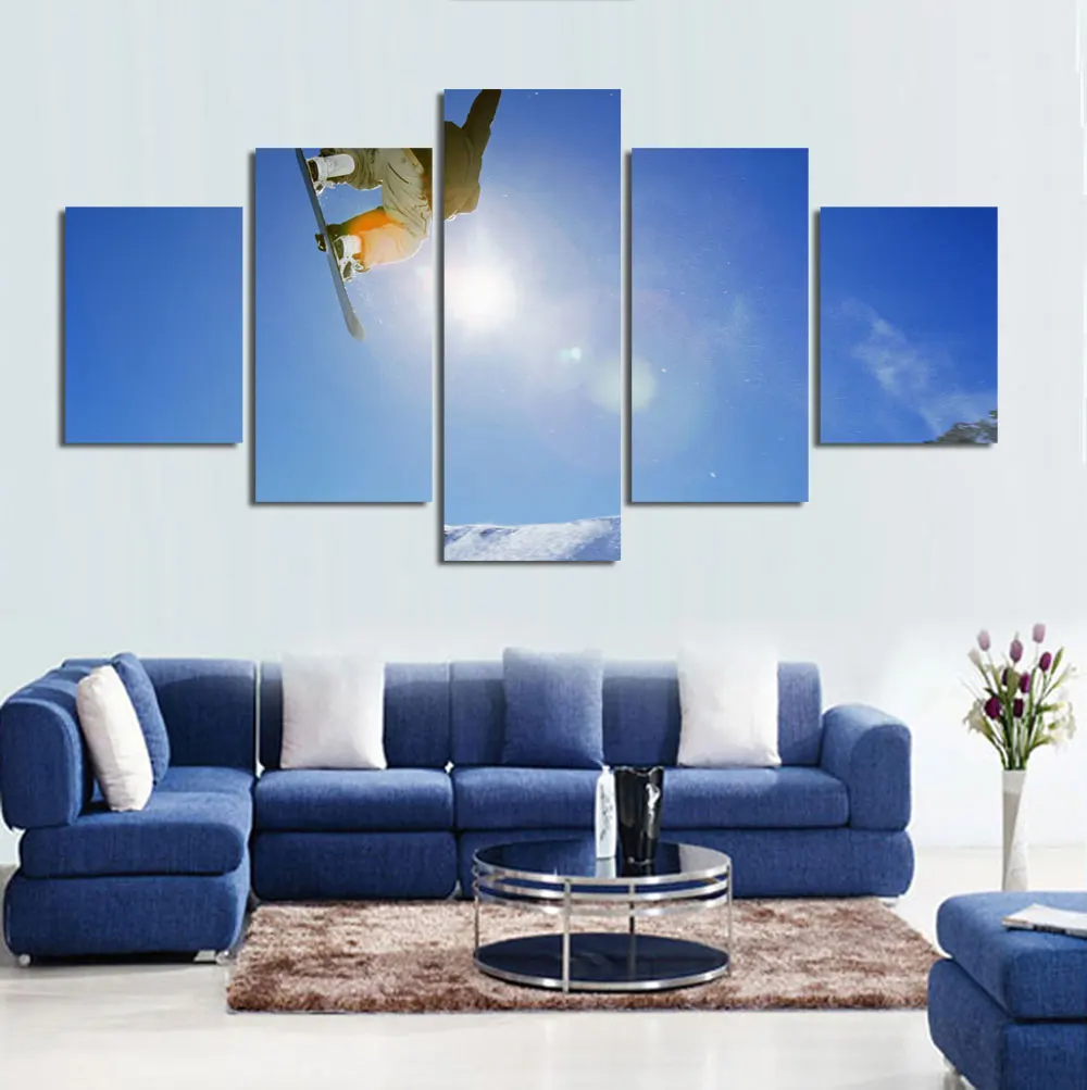 Набор из 5 картин для декорирования стены в домашней гостиной в современном стиле на тканевой основе с изображением экстремального видео на лыжах в заснеженном мире.