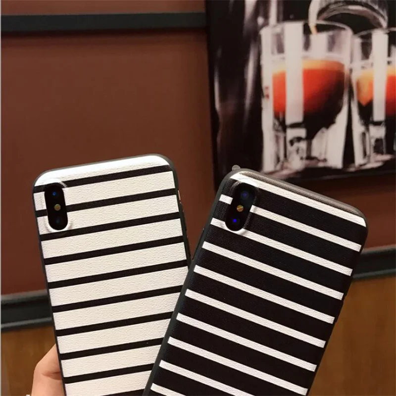 Black White Stripe Phone Case For iPhone X 8G 8Plus Relief Simple Couple Back Cover iphone 5 5s SE 6 6s Plus 7 7Plus Protect |