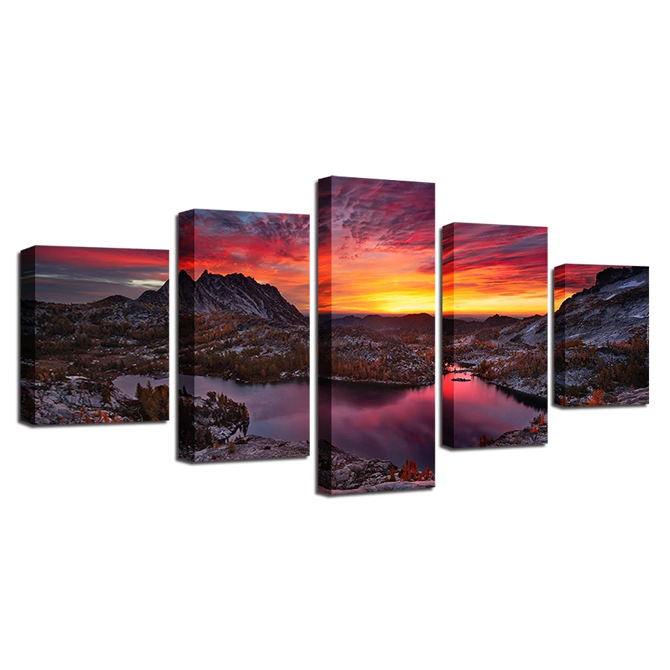 

HD Printing Natural Landscape Pictures Decor Room 5 Pieces Lake Mountain Sunset Canvas Paintings Modular Framed Posters Wall Art