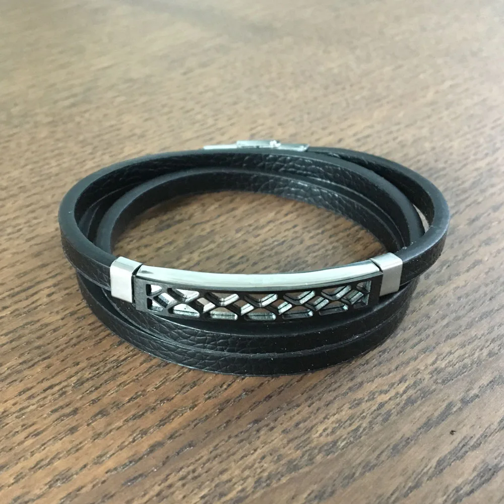 Кожаный браслет двухслойные мужские браслеты из нержавеющей стали модный