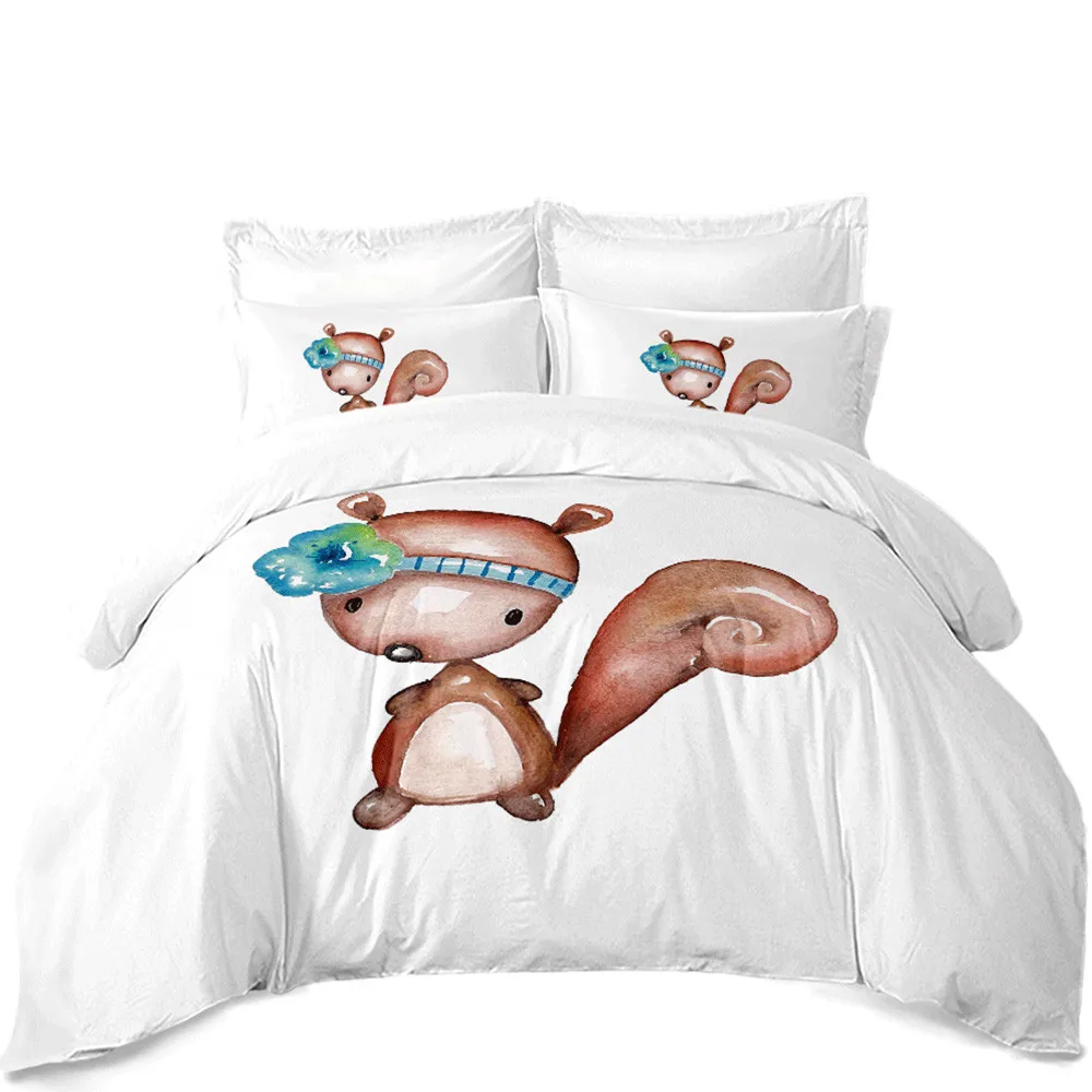 Cartoon Squirrel Print Bedding Set Cute Animal Duvet Cover Blue Flower Bed Kids Bedclothes Pillowcase Home Decor | Дом и сад