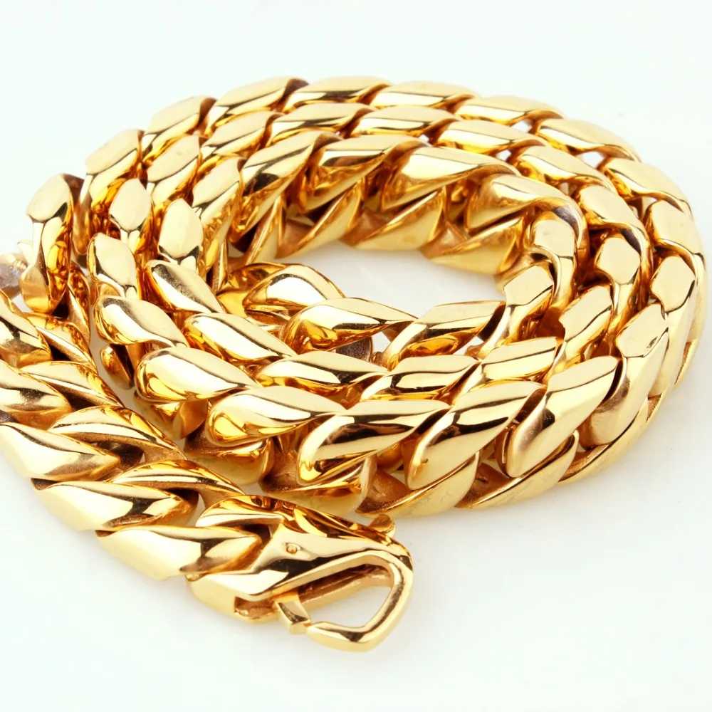 Charming 15MM New 316L Stainless Steel Gold Color Cuban Curb Link Chain Mens Boys Bracelet Bangle Or Necklace 7