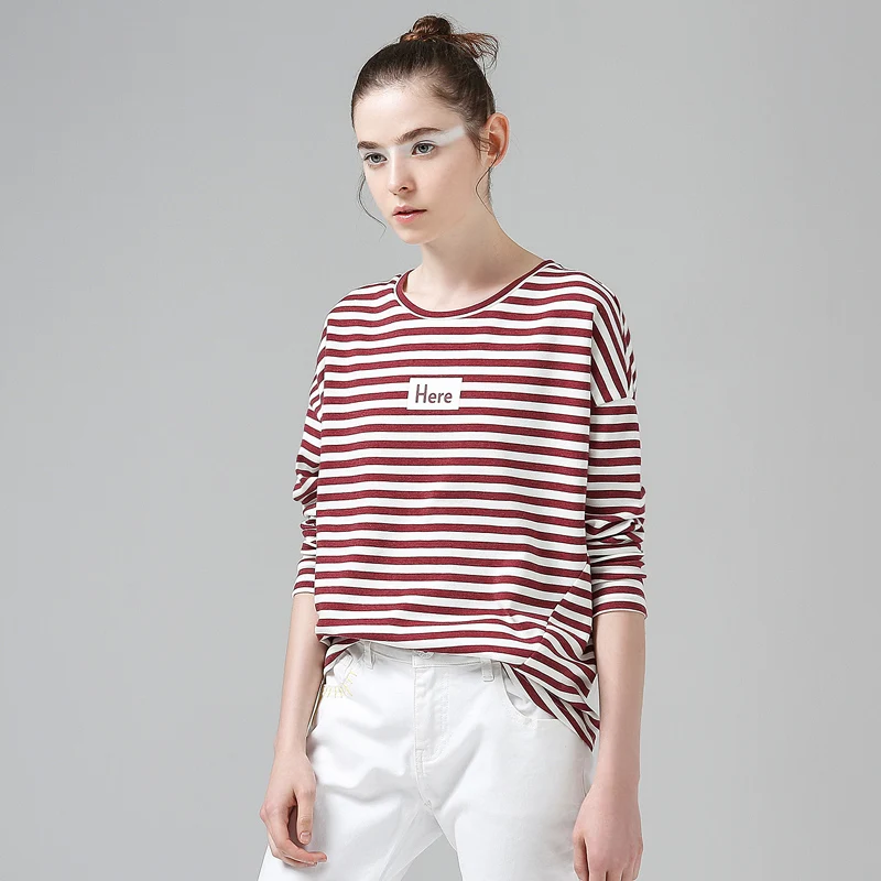 Toyouth Футболка 2017 Весна Женщины Полосой Письмо Печатных Случайные Свободные