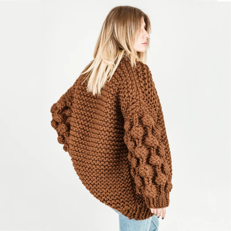 Winter Women's Thick Cardigan Sweater Coat Wool Handmade Woven Shawl High Street Style Warm Pink |