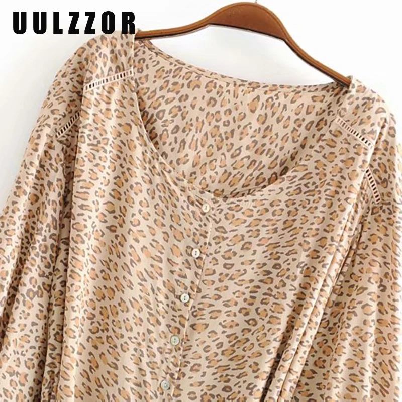 UULZZOR Summer women dress 2019 Leopard print long seleeves O-neck dresses Bohemian beach female casual High cut | Женская одежда