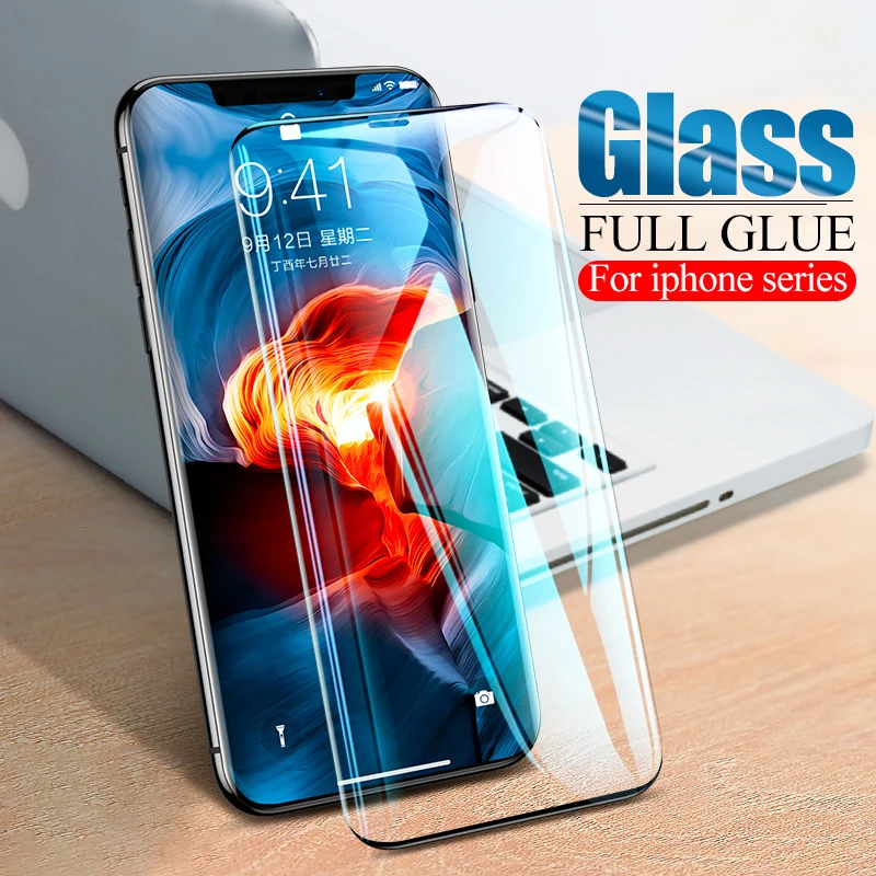 Изогнутое закаленное стекло с клеем для iPhone X XR Xs Max Защита экрана Apple 6 7 8 plus