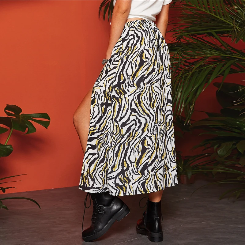 SHEIN Boho, разноцветные, с разрезом, до бедра, с принтом зебры, трапециевидные юбки, Женская Весенняя, средняя талия,, повседневная, для отдыха, сексуальная, расклешенная, длинная юбка