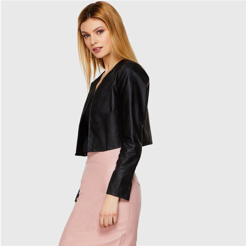 SHEIN Кожаная Короткая Куртка, Укороченная Куртка Из Эко Кожи, Кожаная Куртка-Болеро
