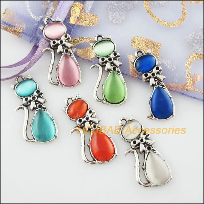 

12Pcs Tibetan Silver Animal Cat Mixed CatEye Stone Charms Pendant 13x29mm