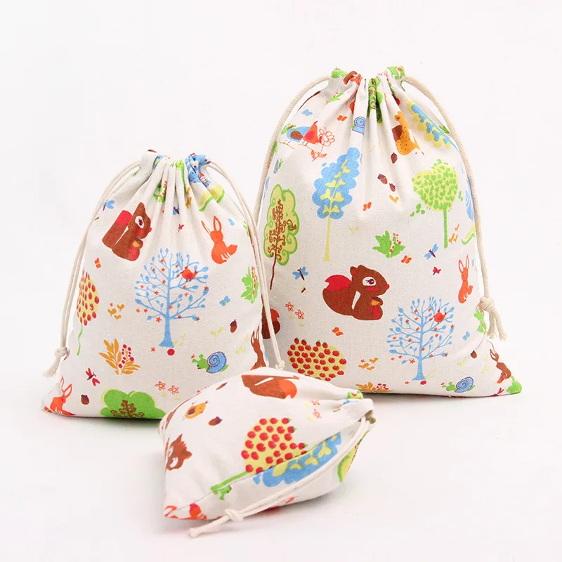 N069 сумка ручной работы из льна и хлопка с рисунком на шнурке для хранения женская