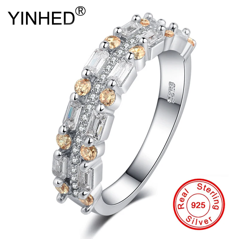 

YINHED 100% Аутентичное 925 Серебряное кольцо Bling полное желтое циркониевое кольцо для женщин Свадебные обручальные модные ювелирные изделия ...