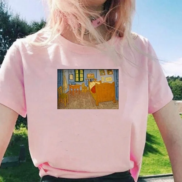 

starqueen-JBH 1pcs Womens Fashion Plus Size Tees Short Sleeve Modal Casual Female T-shirts White Van Gogh Painting T Shirts Gift