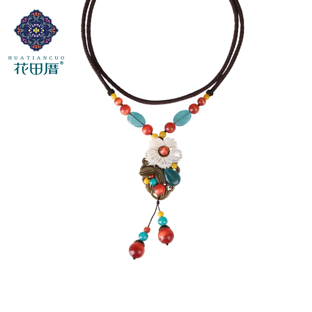 

Vintage Handmade Alloy Leaves Rope Chain Tassel Pendant Necklace Blue Stone Beads Imitation Opal Accessories For Woman CL-17031
