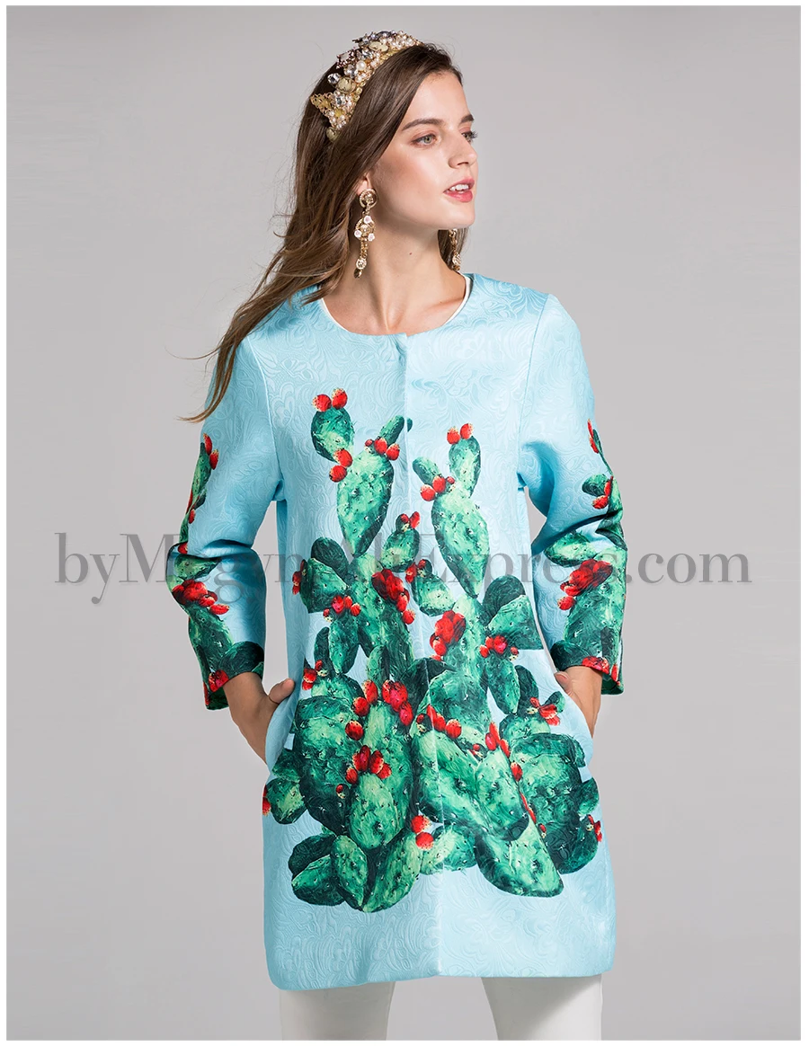 Осень, Женское пальто, модное, подиум, с принтом кактуса, 3XL, Тренч, элегантное, женское, с длинным рукавом, большое, шерстяное, с вышивкой, пальто