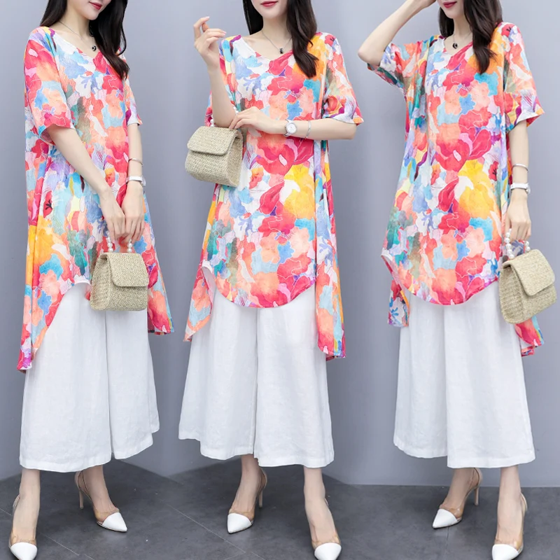 

Large Size Floral Print Women 2 Piece Set Top And Pants Casual Two Piece Outfits Fashion Ensemble Femme Deux Pieces Woman Suit