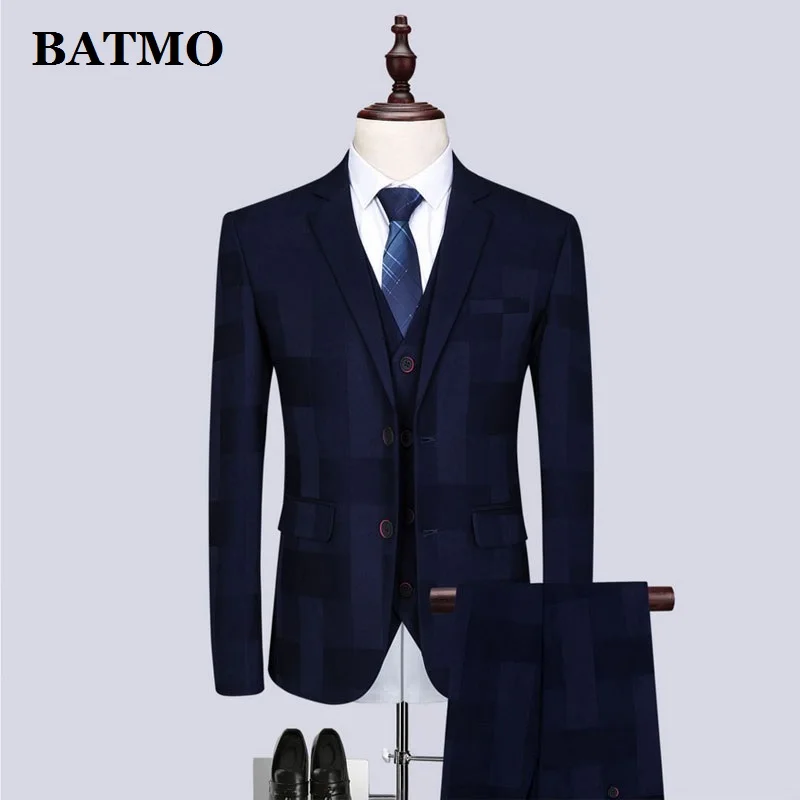 

Batmo 2019 Новое поступление весенние высококачественные клетчатые повседневные синие костюмы для мужчин, свадебное платье, большой размер