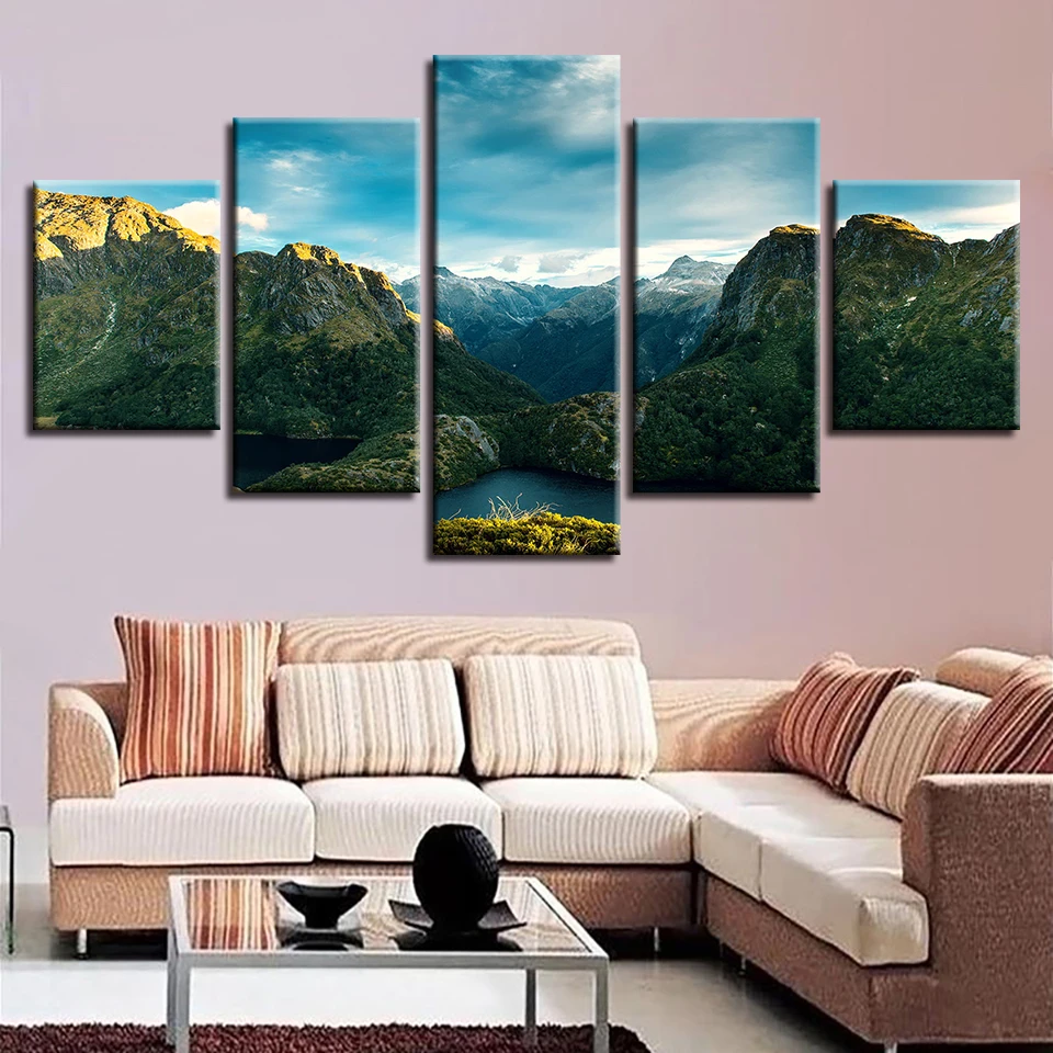 Wall Decor HD Printing Framework Modular Canvas Pictures Art 5 Pieces Green Mountain Lakes Beautiful Landscape Posters Paintings | Дом и сад