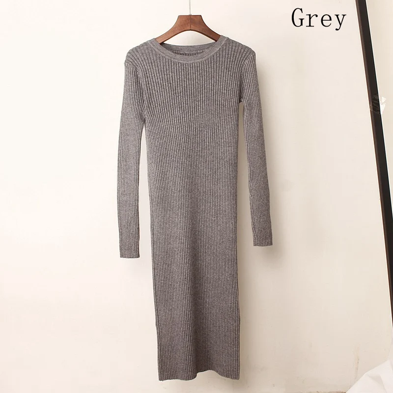 grey 858 GIGOGOU толстое теплое Женское зимнее платье длинное тонкое трикотажное платье осеннее с круглым вырезом до середины икры женское платье-свитер - Цвет: grey 858