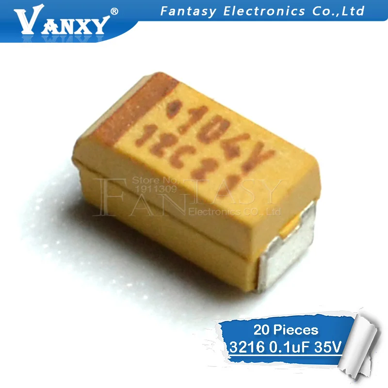 

Танталовый конденсатор SMD 20 шт, 3216 мкФ, 0,1 НФ, 35 в, 104 в