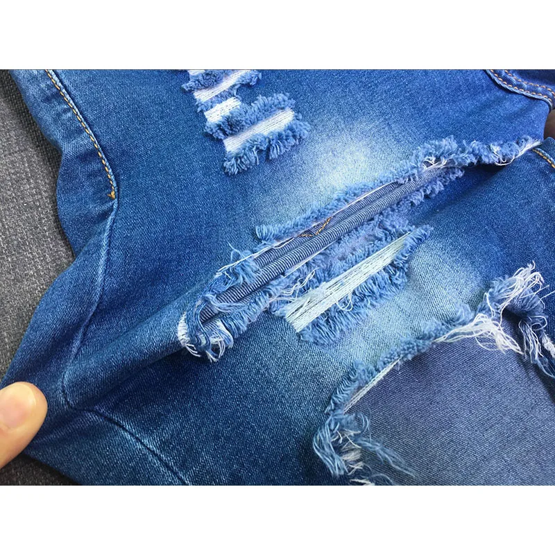 Летние Для женщин по колено Ленточки рваные эластичного денима Штаны с высокой