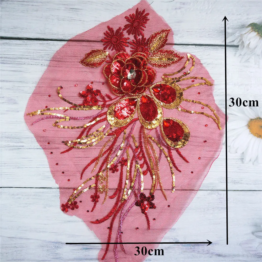 Красные золотые блёстки 3D цветы кисточка кружева планки горный хрусталь сетка