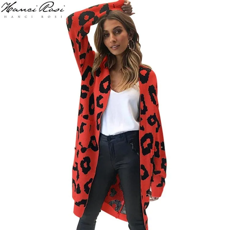 HANCI ROSI Леопардовый осенний женский кардиган Mujer Invierno 2019 свитер для женщин длинный