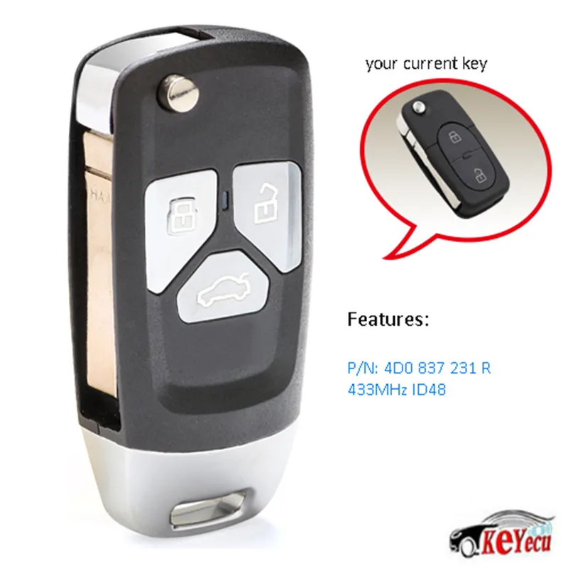 

KEYECU Replacement Upgraded Replacement Flip Remote Key Fob 433MHz ID48 for Audi A3 A4 A6 Quattro 4D0 837 231 R