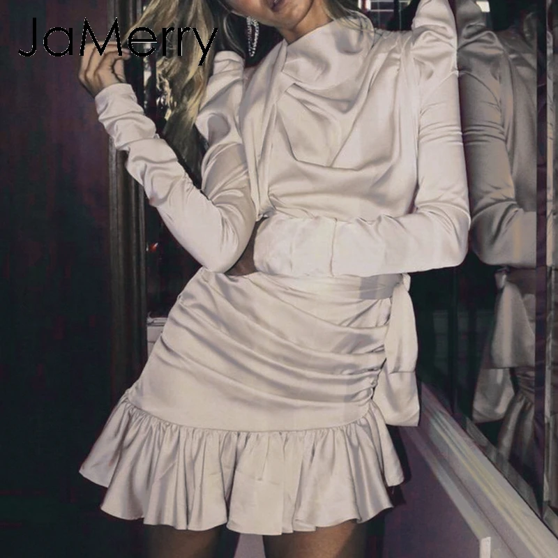 JaMerry, винтажное, элегантное, атласное, с рюшами, женское платье, асимметричное, с рюшами, с бантом, на шее, платье для вечеринки, с поясом, на молнии, тонкое, женское платье