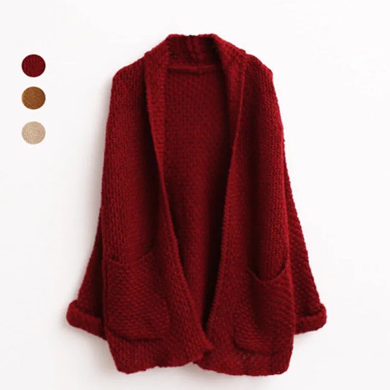 

2016 Autumn Fashion Casual Loose Solid Cardigans Batwing Sleeve Thick Outwear Knitting Sweater Plus Size Cardigan With Pockets