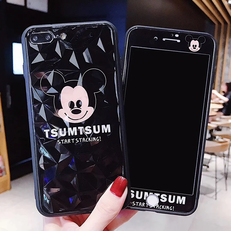 360 Full Cover Mickey Diamond Phone Case + Screen Protector Glass for IPhone X 8 7 6 6S Plus Stitch Anpanman Cute Coque |
