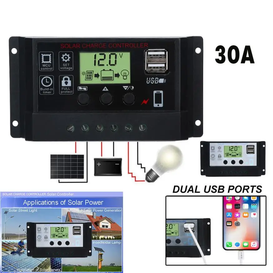 Панели солнечные регулятор заряда аккумулятора USB 30A 12V 24V с двойным Зарядное