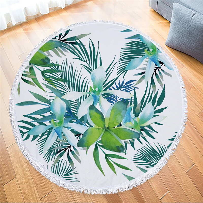 Тропический зеленый Растительный лист печати большое круглое пляжное банное