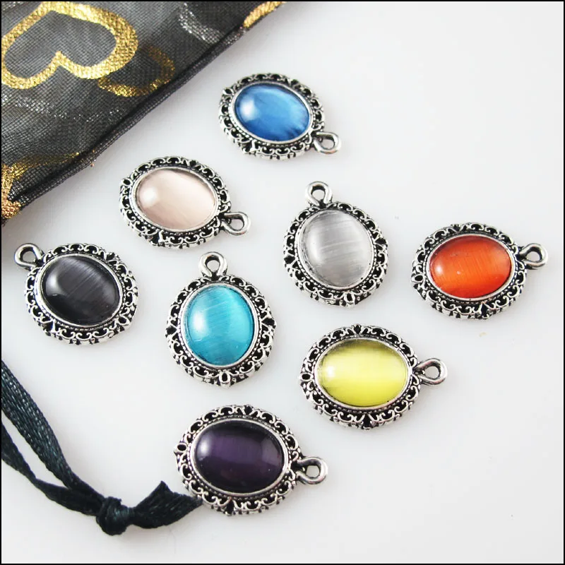 16Pcs Mixed Retro Tibetan Silver Stone Oval Charms Pendants 13.5x18mm | Украшения и аксессуары