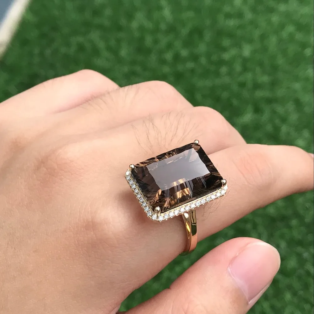14K желтое золото 17.8CT изумрудная огранка дымчатый топаз Обручальное кольцо с бриллиантом