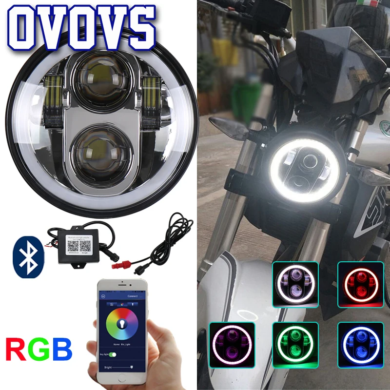 

1 x H4 motorcycle headlight 5 3/4 " 5.75 " Spotlight Bluetooth Remote Round RGB LED Headlamp For Harley Softail Dyna Sportster