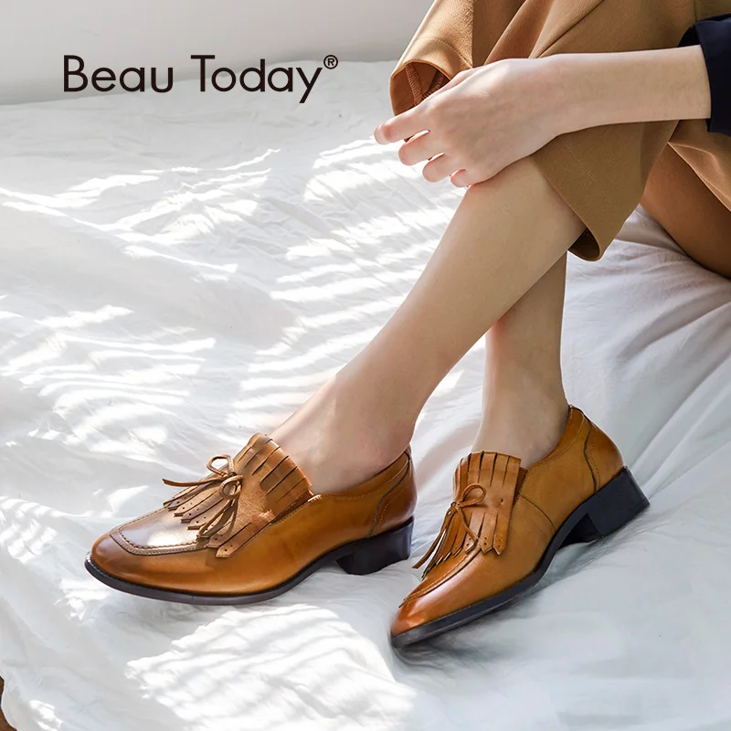 Лоферы BeauToday из натуральной овчины с бантом бабочкой и квадратным носком