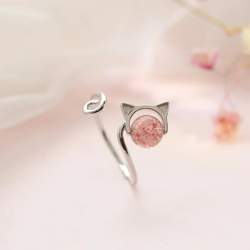 Женское кольцо с клубничным кристаллом и милым котом корейское модное Простое