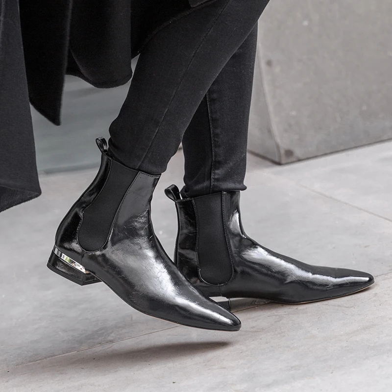 

WETKISS Low Heels Women Boots Square Toe Rubber Elastic Band Footwear Leather Female Boot Casual Shoes Woman 2018 Autumn Black