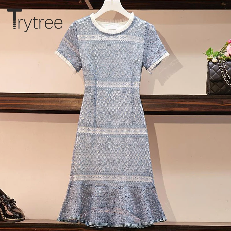 Trytree/летнее платье для женщин, повседневное, элегантное, с круглым вырезом, кружевное, с вырезами, платья для офиса, леди, полиэстер, Русалка, оборки, подол, сексуальное платье
