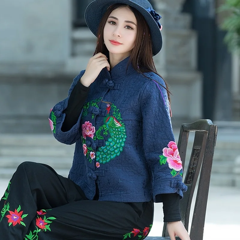 Женские китайские топы, винтажное пальто с вышивкой Hanfu, этническое пальто с воротником-стойкой, хлопковая льняная одежда в китайском стиле для женщин, FF1758