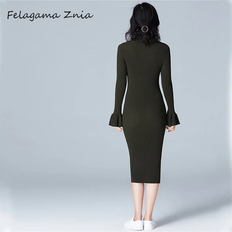 Felagama Znia elegant flare sleeve sweater dress pullover women turtleneck solid female 2018 autumn winter party | Женская одежда
