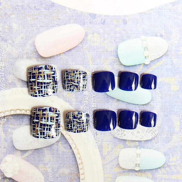 Накладные ногти однотонные темно-синие с перекрестным узором 24 шт. клеем милые