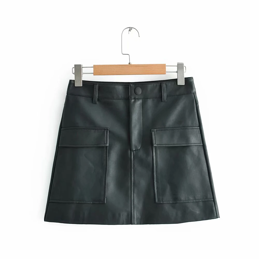 Для женщин Новое поступление Демисезонный Za хаки черный Искусственная кожа Юбки