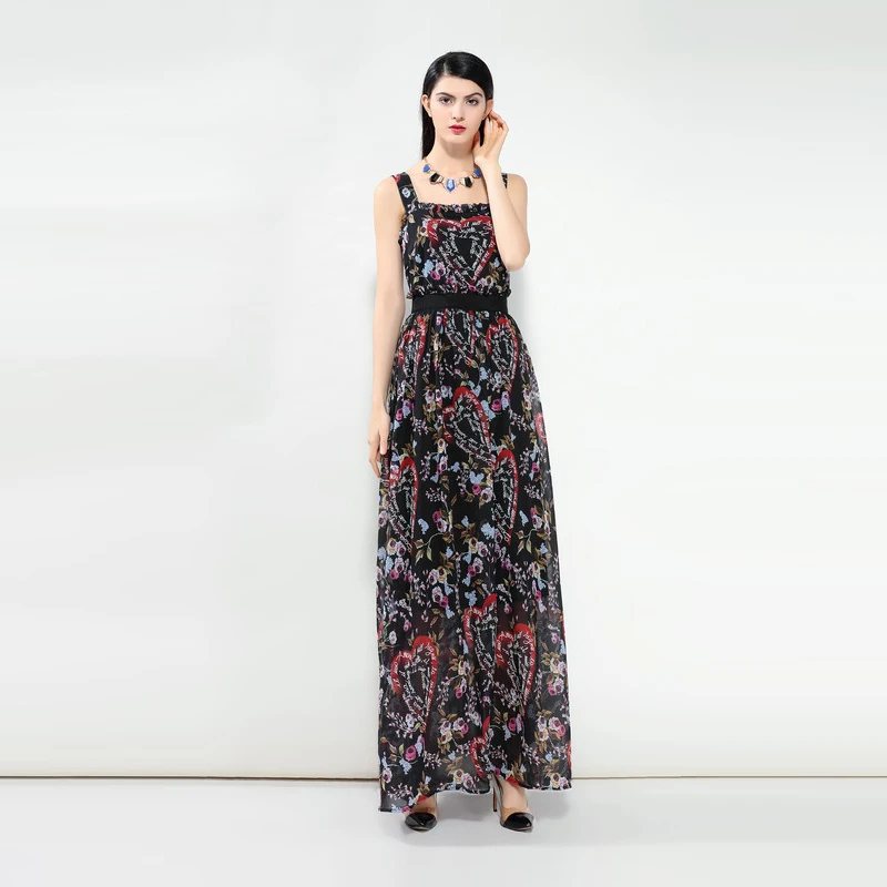 2022 Summer New Arrival Fashion A-Line Square Collar Spaghetti Strap Sleeveless Print Ankle-Length Long Dress Women