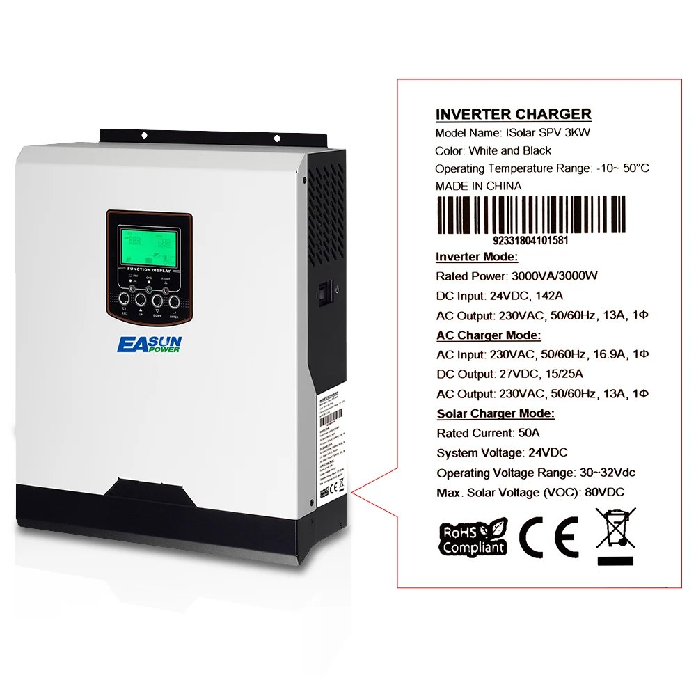 Источник питания Easun PWM солнечный инвертор 3000 Вт 24 В 220 В 50А PWM Чистая синусоида Инвертор 3 кВА 50 Гц решетки инвертор 25А зарядное устройство