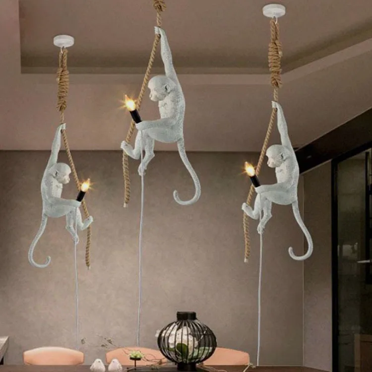 Modern creative design Resin Monkey Loft Vintage Hemp Rope Pendant Light for Home Lighting Bar Cafe Retro Hanging lamp | Лампы и