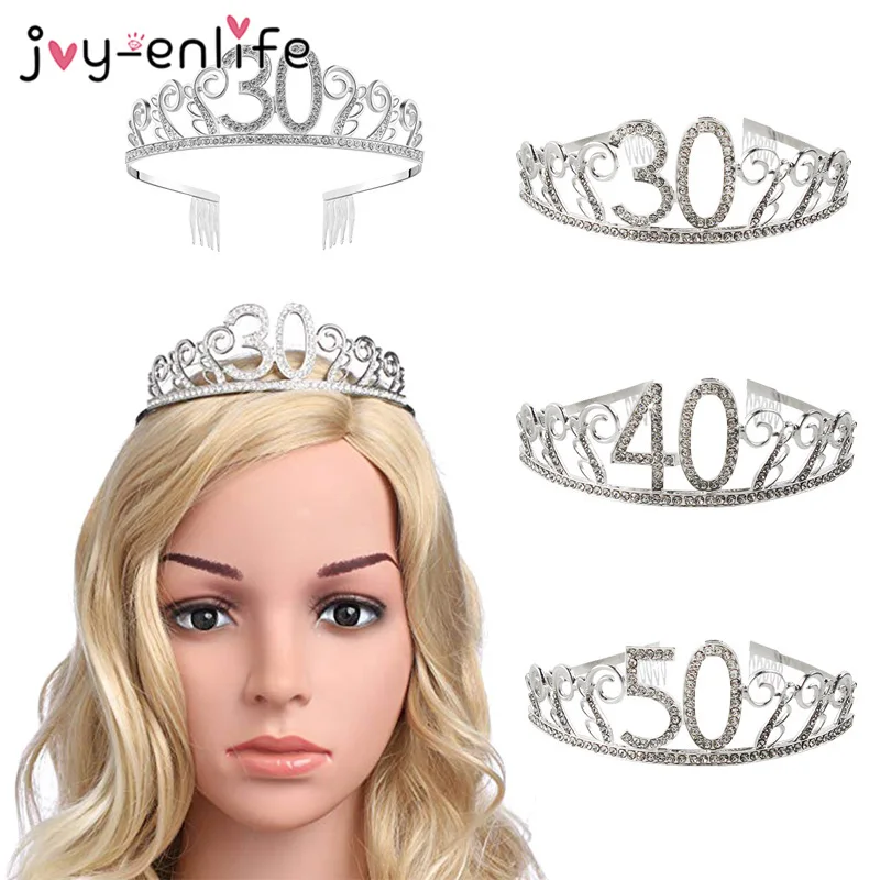 

30th Birthday Silver Digital Crown Birthday Party Accessories Rhinestone Headwear 30th 40th 50th Wedding Anniversary Decoration