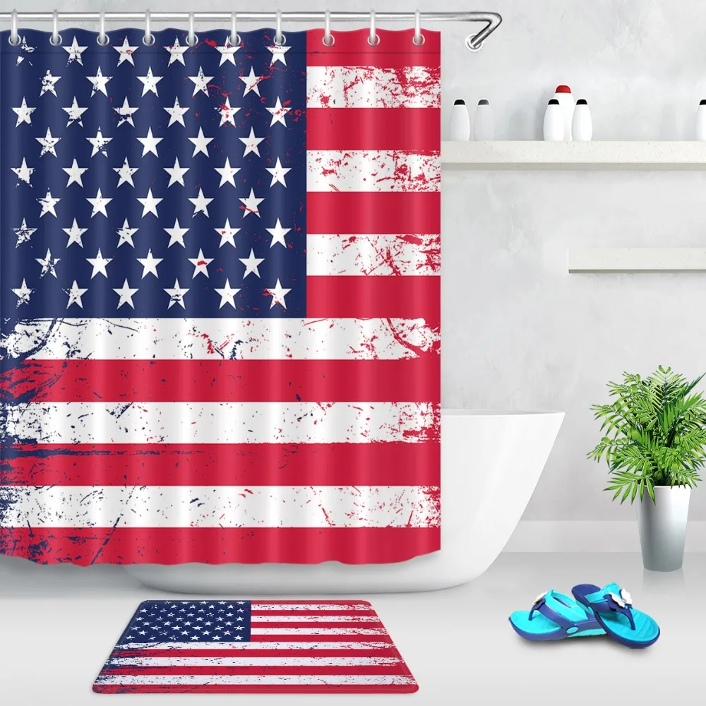 Funny American flag White Red stripe Blue Star Shower Curtain 12 Hooks Sets Kids Bathroom mat Waterproof Polyester Fabric Cloth | Дом и сад
