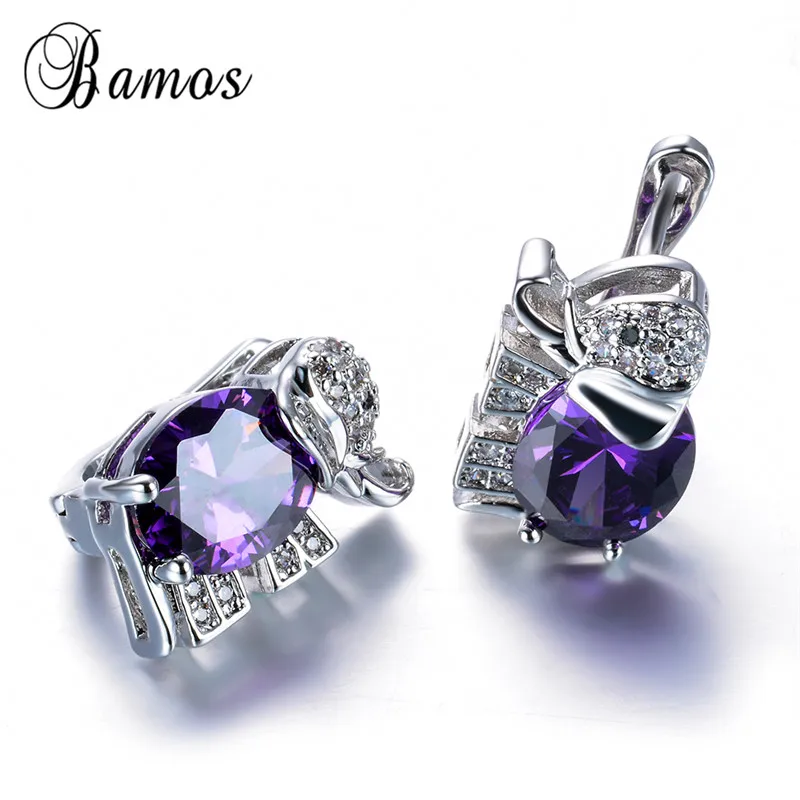 Bamos Charming Purple Birthstone Jewelry Sets Lovely Elephant Hoop Earrings/Ring/Necklace Silver Color Animal Pendants Gift | Украшения и