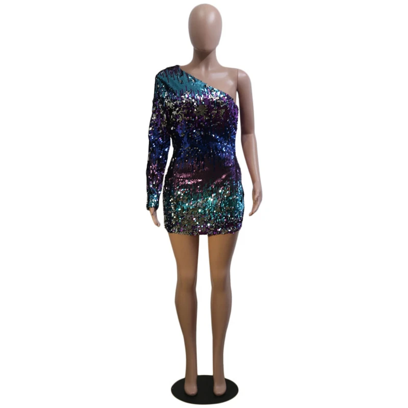 Adogirl разноцветные Блестки одно плечо Bodycon платье Для женщин с длинным рукавом
